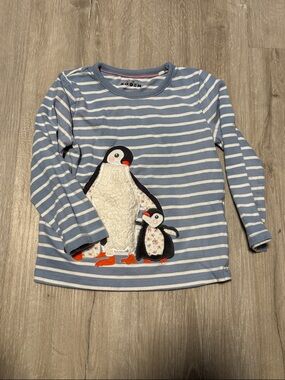 Mini Boden Blue & White Striped Long Sleeve Top with Penguin Appliqués